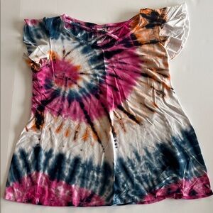 Erge Pink and Blue Tie-Dye Short Sleeve Top